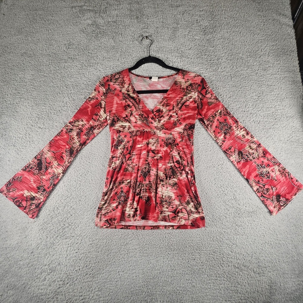 Vintage Y2K Top Womens S Red Babydoll Bell Sleeve Asian Floral Dragon Boho Sexy